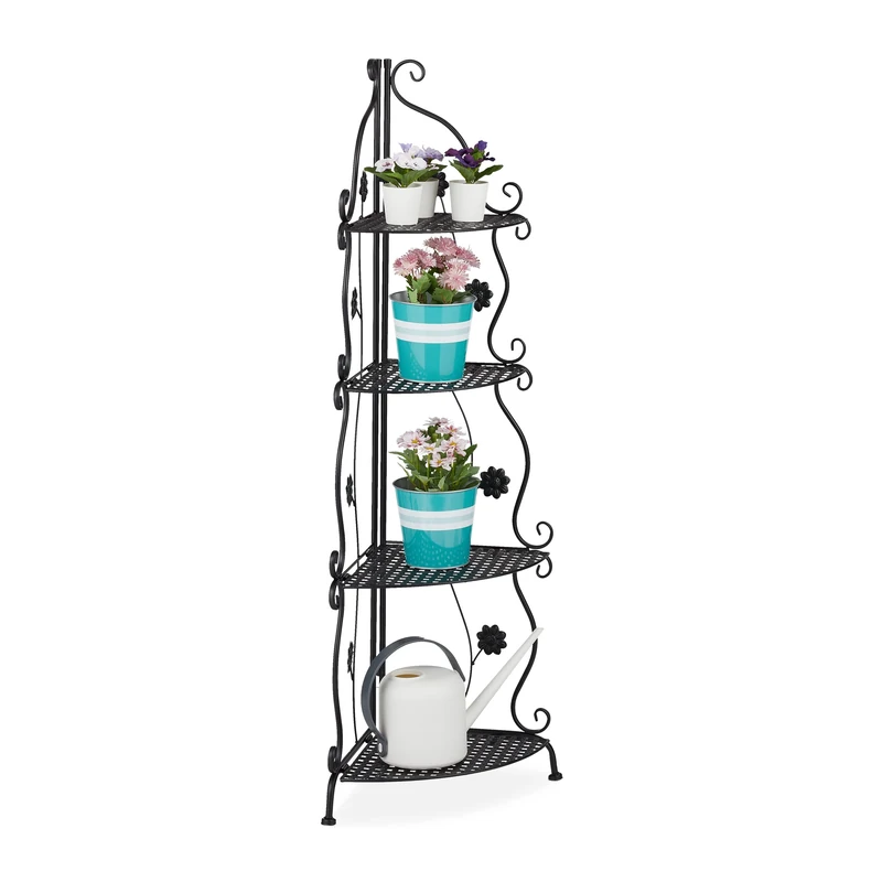 Relaxdays Metal Plant Stand, 4 Tiers, Decorative Rack, Indoor & Outdoor, HxWxD: 113.5 x 31 x 31 cm, Corner Shelf, Black