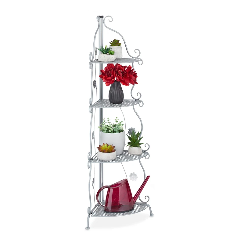 Relaxdays Metal Plant Stand, 4 Tiers, Decorative Rack, Indoor & Outdoor, HxWxD: 113.5 x 31 x 31 cm, Corner Shelf, Silver, Iron
