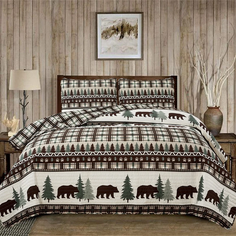 3 Piece Reversible Quilt Set with Shams | All-Season Soft & Lightweight Bedspread | Rustic Lodge Cabin Printed Plaid Design | Cedar Creek Collection (King, Chocolate/Green)