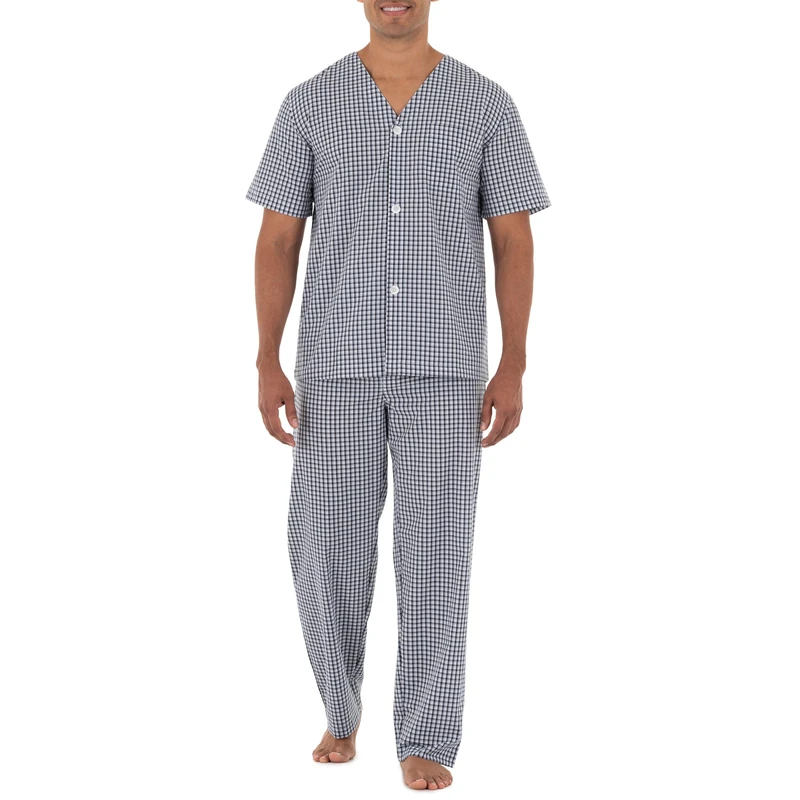 Fruit of the Loom Men's Broadcloth Short Sleeve Top and Long Pants Pajama Set, Navy/White Check, XXL Plus - Image 1