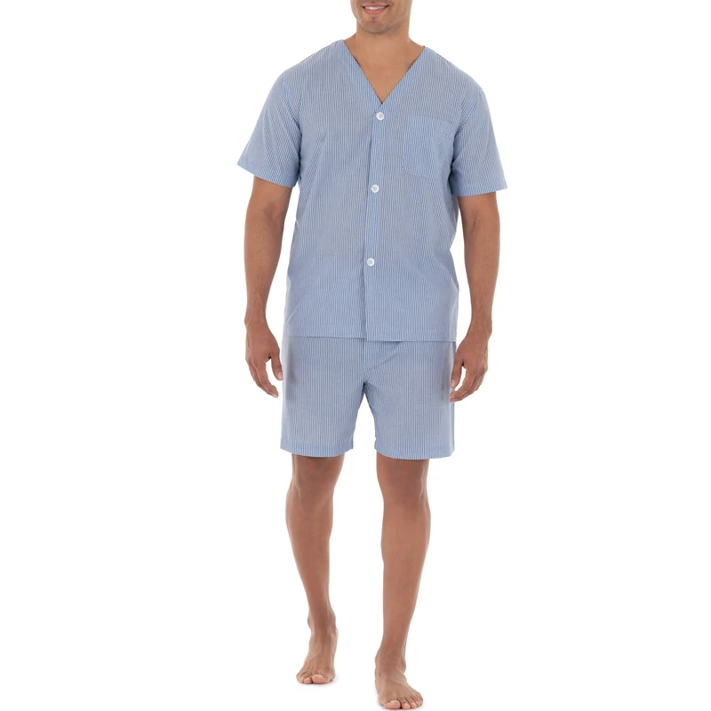 Fruit of the Loom Men's Broadcloth Short Sleeve Pyjama Set Pajama, Blue Striped, S