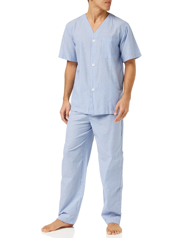 Fruit of the Loom Men's Broadcloth Short Sleeve Top and Long Pants Pajama Set, Blue Stripe, 2X