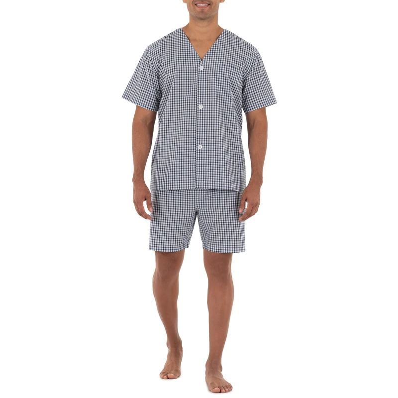 Fruit of the Loom Men's Broadcloth Short Sleeve Pajama Set, Navy/White Checked, XL