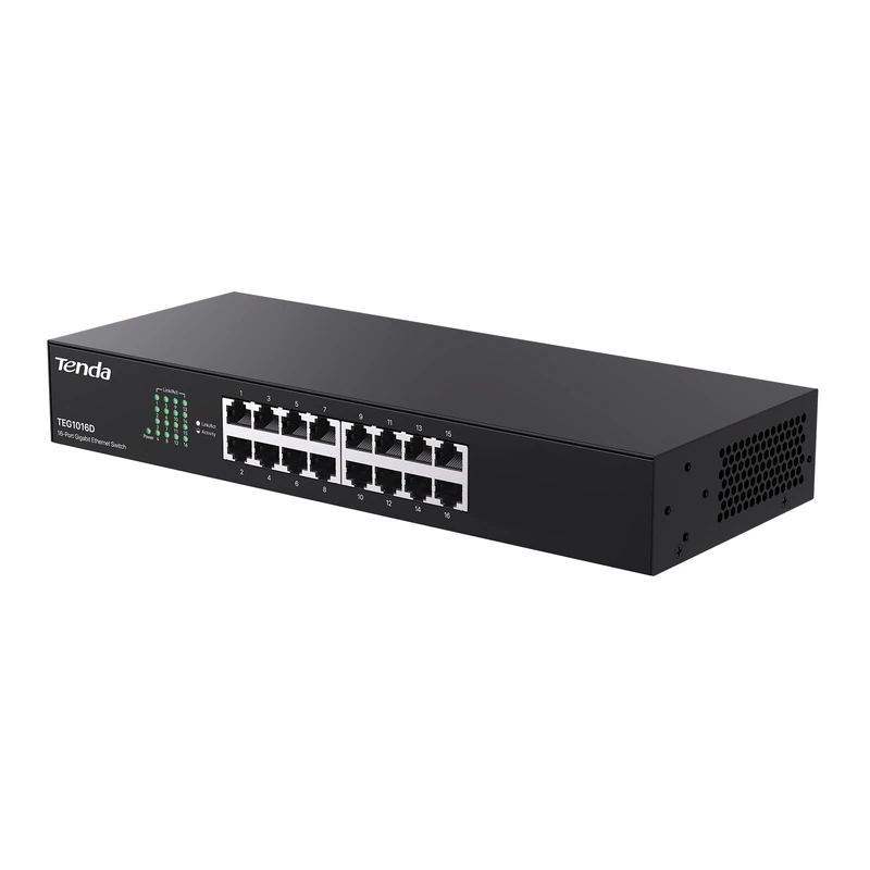 Tenda 16-Port Gigabit Network Switch Unmanged Ethernet Switch (Plug & Play, Fanless, Desktop/Wall/Rack Mount, 6kV Lightning Protection, Steel Case, Schwarz) (TEG1016D)