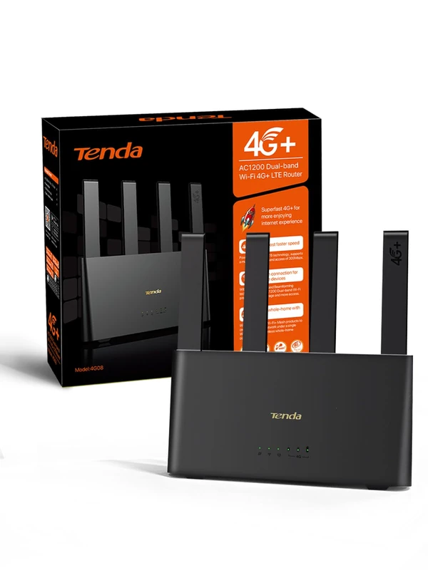 Tenda 4G08 LTE Router, 4G+ Router Supports SIM Cards, 4G+ Cat6 up to 300 Mbps, WLAN Dual-Band AC1200, 4 x External Antennas, Gigabit LAN/WAN Ports, OpenVPN, MU-MIMO, Mesh Wi-Fi+, Plug & Play