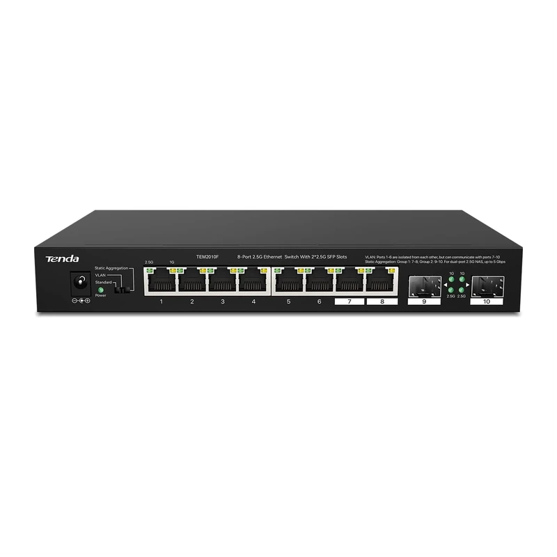 Tenda TEM2010F 10 Ports 2.5G Multi-Gigabit Unmanaged Switch, 2 SFP Ports, VLAN, Static Aggregation, 50Gbps Switching Capacity, Desktop/Wall Mounting, Plug and Play, Black