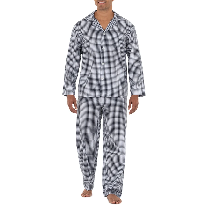Fruit of the Loom Men's Long Sleeve Broadcloth Pajama Set, Navy/White Check, 3X - Image 1
