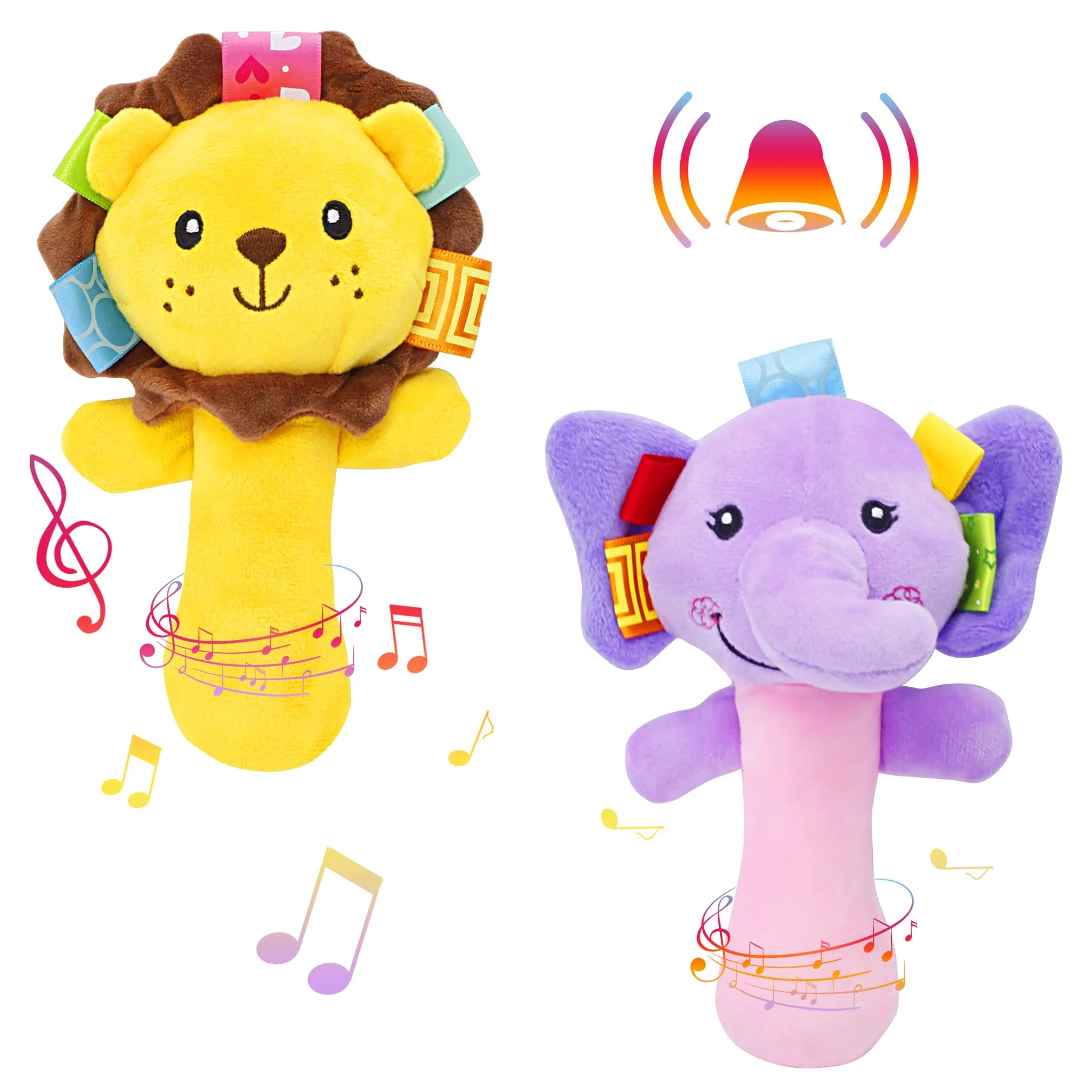 twoonto Baby Soft Rattle Sensory Toys 2 Pack, Plush Baby Soft Rattle Toys Stuffed Animal Hand Rattles Musical Educational Toys Infant Developmental for Babies Toddlers 0-12 Months