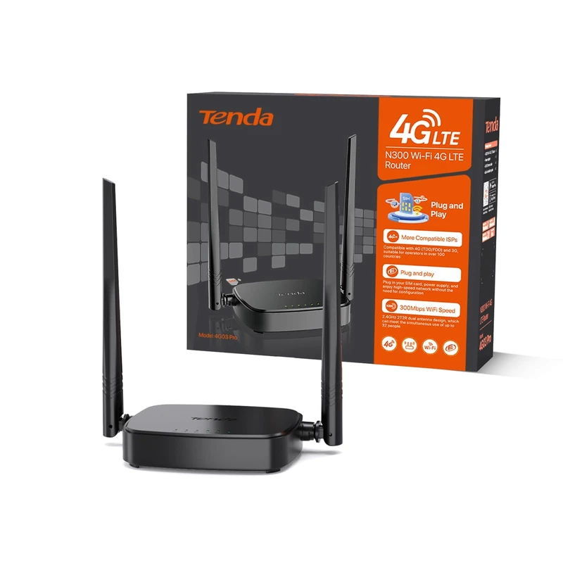 Tenda Router 4G SIM 4G03 Pro - Mobile WiFi Router 3G/4G Wireless Band 2.4 GHz 300Mpbs, LTE Cat4 150Mpbs, Fast Ethernet LAN/WAN Port, 2 * 4dBi External Antenna, NANO SIM Card, Plug and Play
