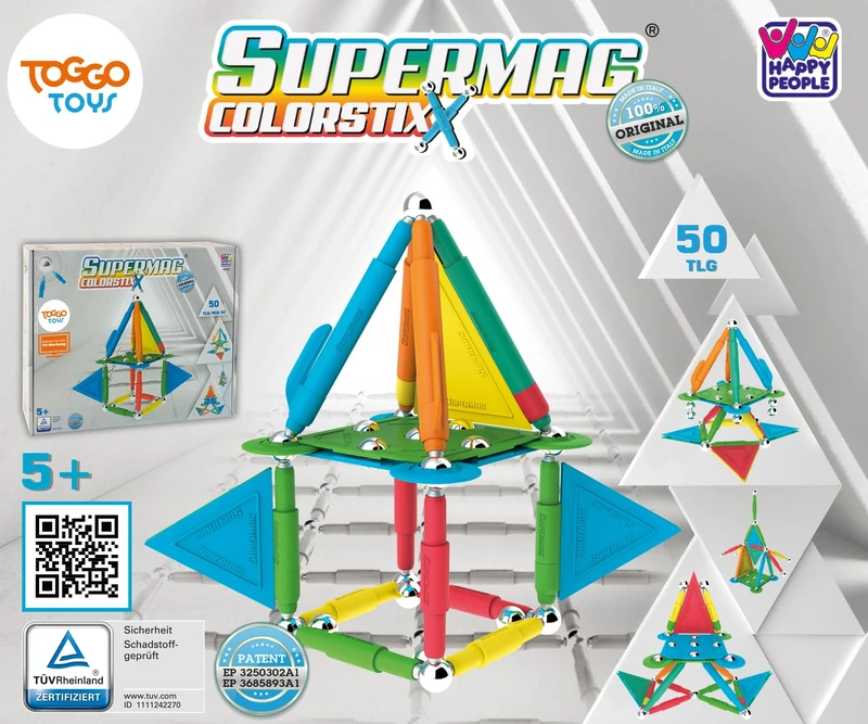 Happy People Magnetic Toy, 50pc Multicoloured Construction Set, Ages 3+, Includes 1 x Test Rod, 5 Short Magnetic Rods, 2 Long, 14 Balls, 6 Clips, Triangles, 4 Rings, Base Plates
