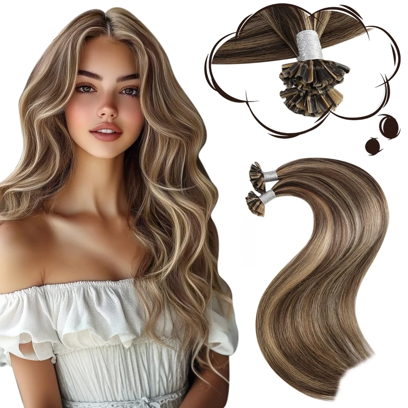 Moresoo Pre Bonded Hair Extensions Dark Brown with Caramel Blonde Keratin Bond U Tip Human Hair Extensions Remy Straight Hair 22 Inch 1g/s 50g/Pack #P4/27
