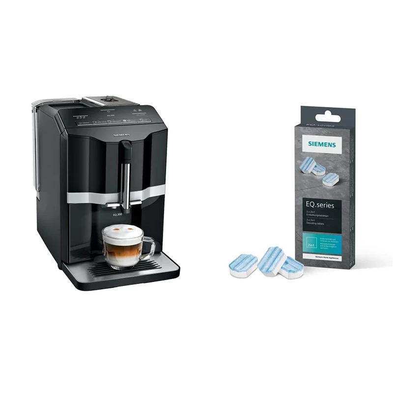 Siemens TI351209GB EQ.300 Bean to Cup Fully Automatic Freestanding Coffee Machine, Black with TZ80002B Coffee Machine 2 in 1 Descaling Tablets