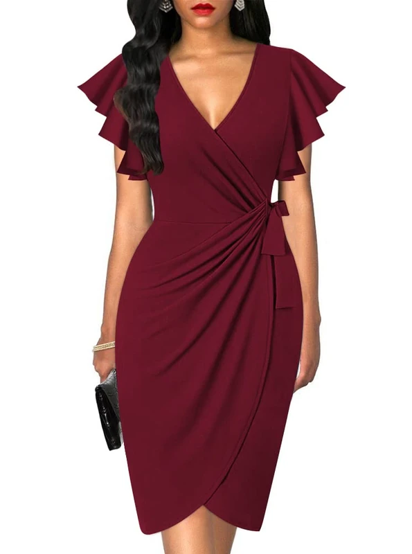 oten Womens Deep V Neck Ruffle Sleeve Sheath Casual Cocktail Party Work Faux Wrap Dress, Burgundy, Medium