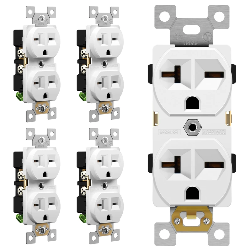 ENERLITES Duplex Receptacle, 20 Amp Electrical Wall Outlet, Industrial Grade, 2-Pole, 3-Wire, 20A 250V, UL Listed, 62081-W-5PCS, White, 5 Pack