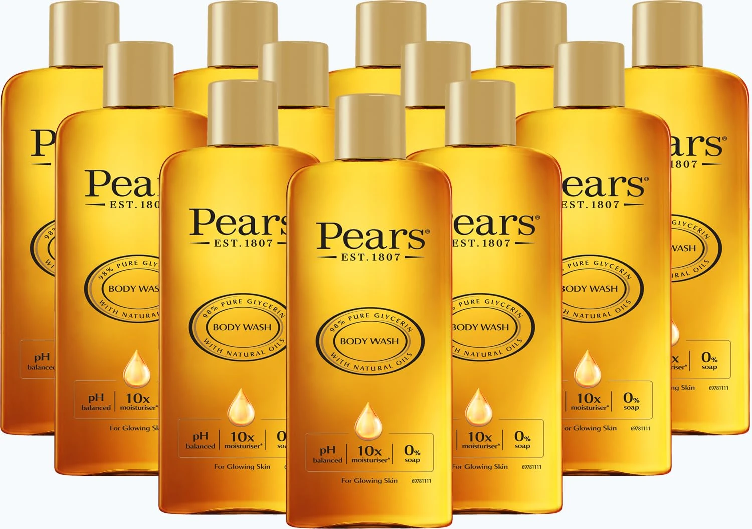 Pears Pure & Gentle Body Wash - Soap-free Cleanser - Nourishing Gel with 98% Pure Glycerin & Natural Oils - for Glowing Skin 10x More Moisturiser - Beauty Bath for Moisturising Care - 250ml (12 Pack)