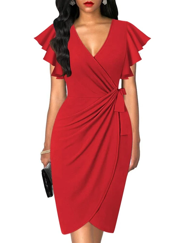 oten Women's Deep V Neck Ruffle Sleeve Casual Cocktail Party Work Faux Wrap Dress Red -, Large, Red -, L - Image 1