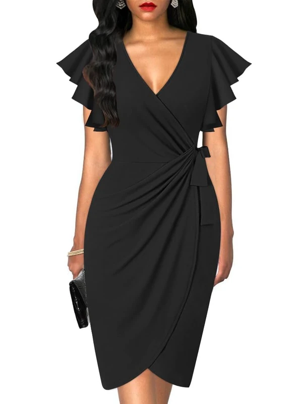 oten Womens Deep V Neck Ruffle Sleeve Sheath Casual Cocktail Party Work Faux Wrap Dress, 1+Black, Medium