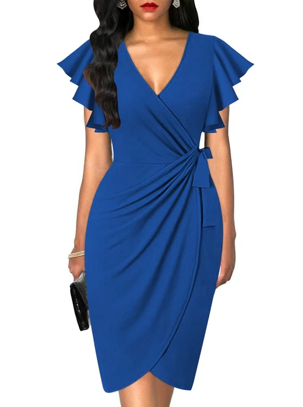 oten Womens Deep V Neck Ruffle Sleeve Sheath Casual Cocktail Party Work Faux Wrap Dress, Royal Blue, X-Large