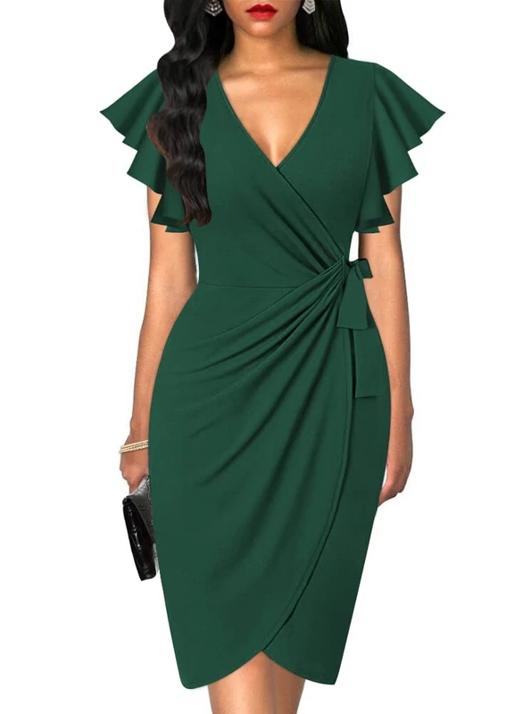 oten Womens Deep V Neck Ruffle Sleeve Sheath Casual Cocktail Party Work Faux Wrap Dress, Dark Green, Medium