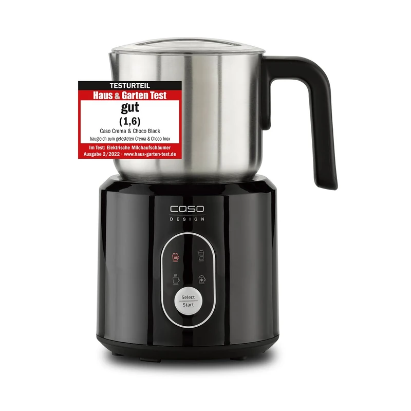 CASO Crema & Choco Black, Milk Frother for Cow's Milk and Plant Milk, Cold Milk Foam, Hot Milk Foam,Stainless Steel Container with Heat-Insulated Handle