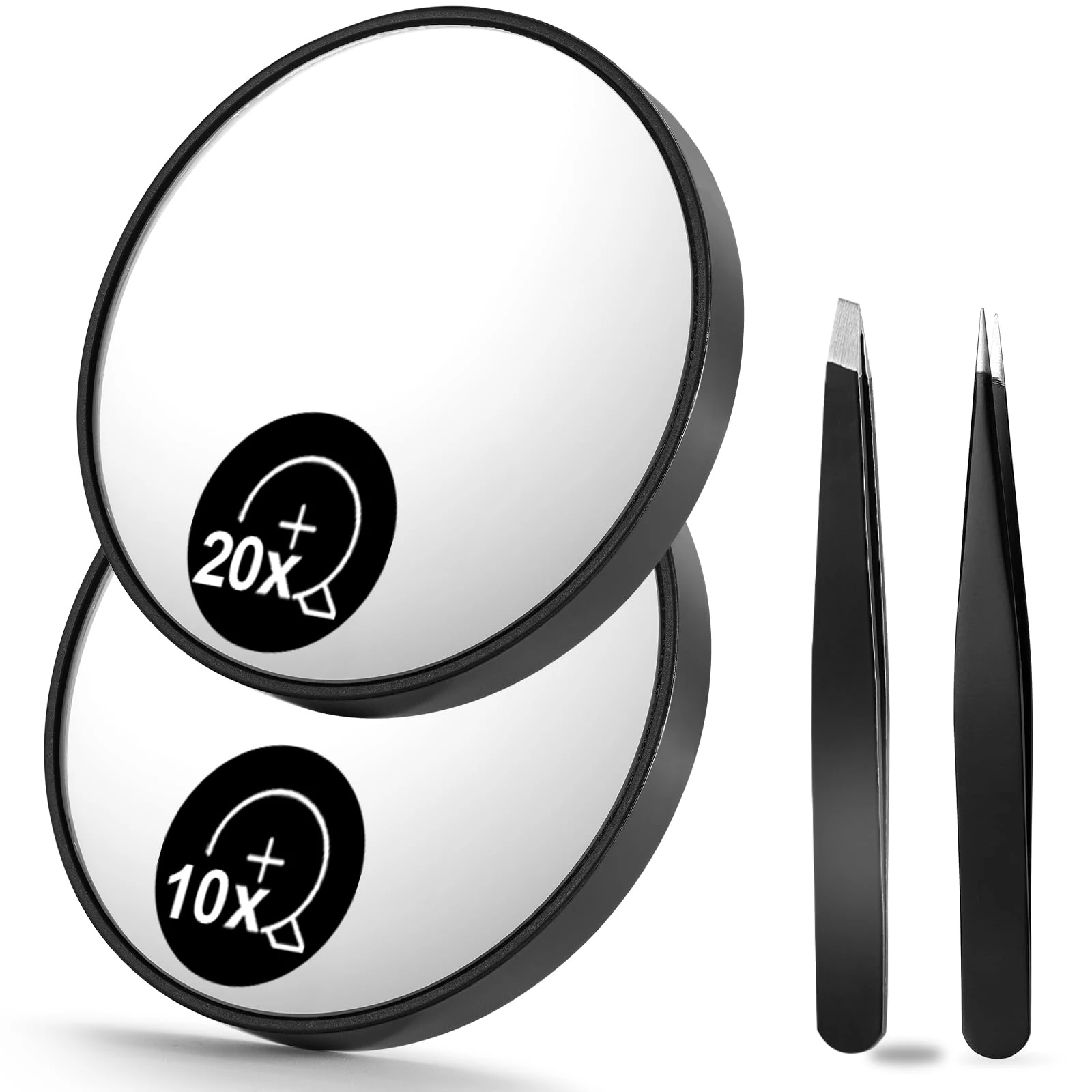 OMIRO 10X & 20X Magnifying Mirrors and Two Eyebrow Tweezers Kits, 3.5" Two Suction Cups Magnifier Travel Set