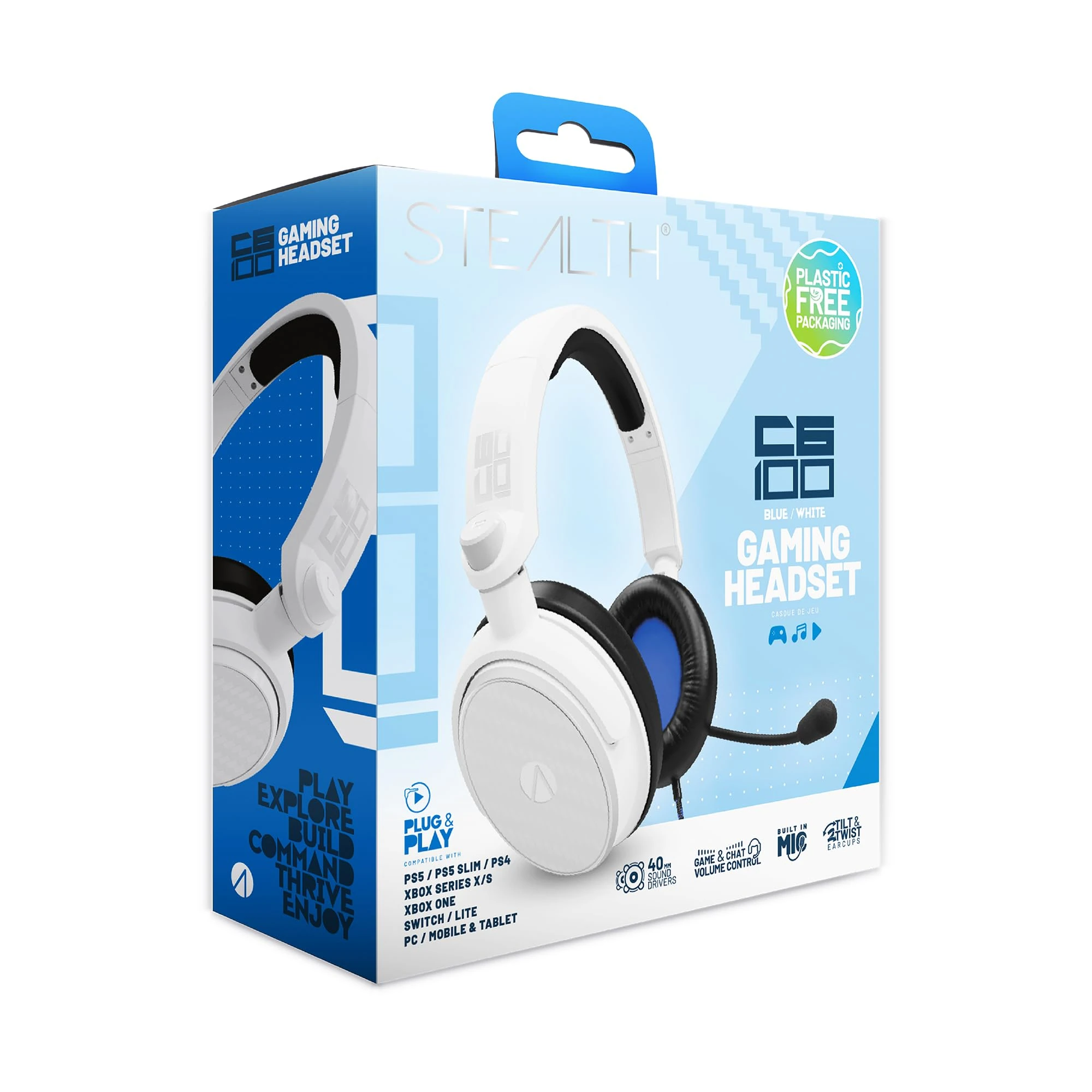 STEALTH C6-100 Blue Over Ear Gaming Headset PS4/PS5, XBOX, Nintendo Switch, PC with Flexible Mic, 3.5mm Jack, 1.5m Cable, Lightweight, Comfortable and Durable