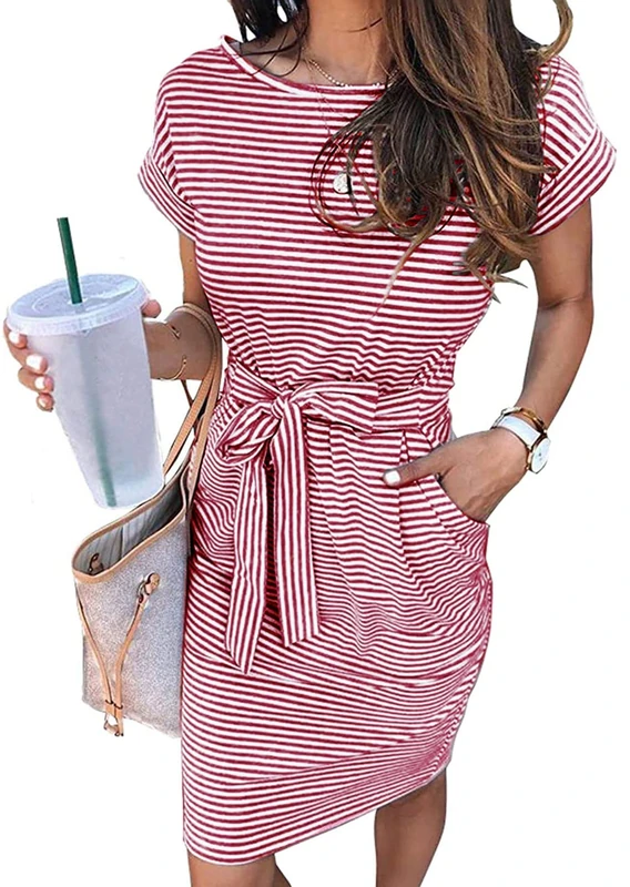 Merokeety Women's Summer Striped Short Sleeve T Shirt Dress Casual Tie Waist with Pockets, Wine, M