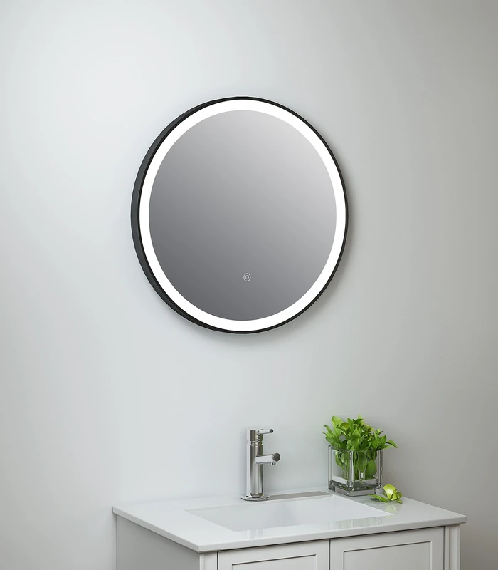 Keenware KBM-347 Round LED Black Framed Bathroom Mirror With Demister; 600mm