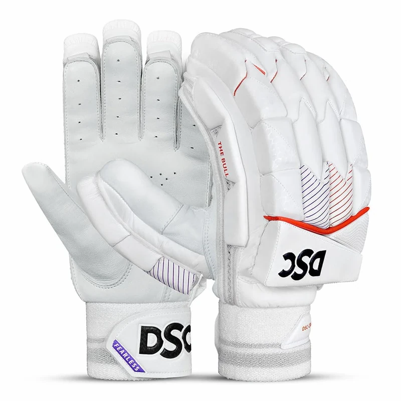 DSC Krunch The Bull Autograph Cricket Leather Batting Gloves | White Orange | Superior Grip | Lightweight | Fibre Reinforced Protection | Optimum Ventilation Palm