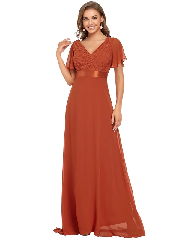 Ever-Pretty Women's Double V-Neck Short Flutter Sleeves Empire Waist Elegant Chiffon Long Party Evening Dresses Orange 22UK