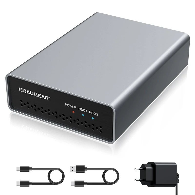 GRAUGEAR External RAID Enclosure, 2 x 2.5 Inch SATA SSD/HDD, Type-C® USB 3.2 Gen2 (10 Gbit/s), RAID 0, RAID1, Single, Large, USB-C, USB-A, Aluminium, Power Supply, G-25RD2-AC-10G