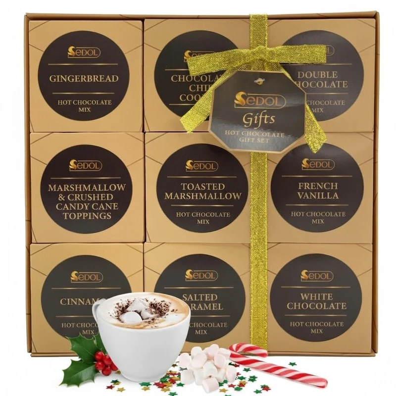Luxury Hot Chocolate Gift Set – 9 Flavoured Premium Hot Chocolate Drinks Gift Box – Indulgent Hot Chocolate Set for Christmas – Gourmet Chocolate Gift for Couples, Her & Him – Festive Stocking Filler