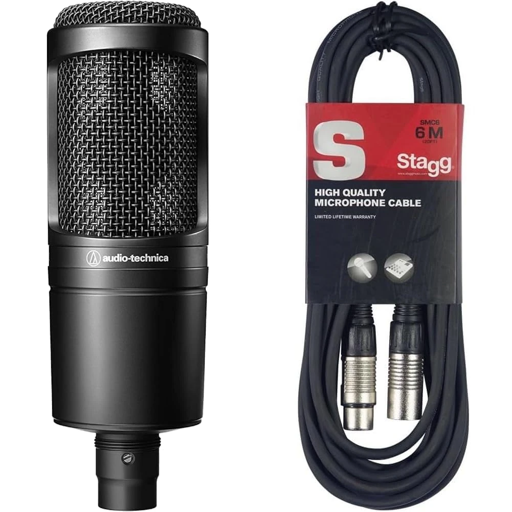 Audio-Technica AT2020 Cardioid Condenser Microphone (XLR connection) for voiceover, podcasting, streaming and recording, Black & Stagg SMC6 6 metre standard microphone cable