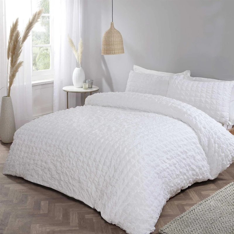 Rapport Home Seersucker Cotton Rich Luxury White Duvet Cover & Pillowcase Set (Super King)