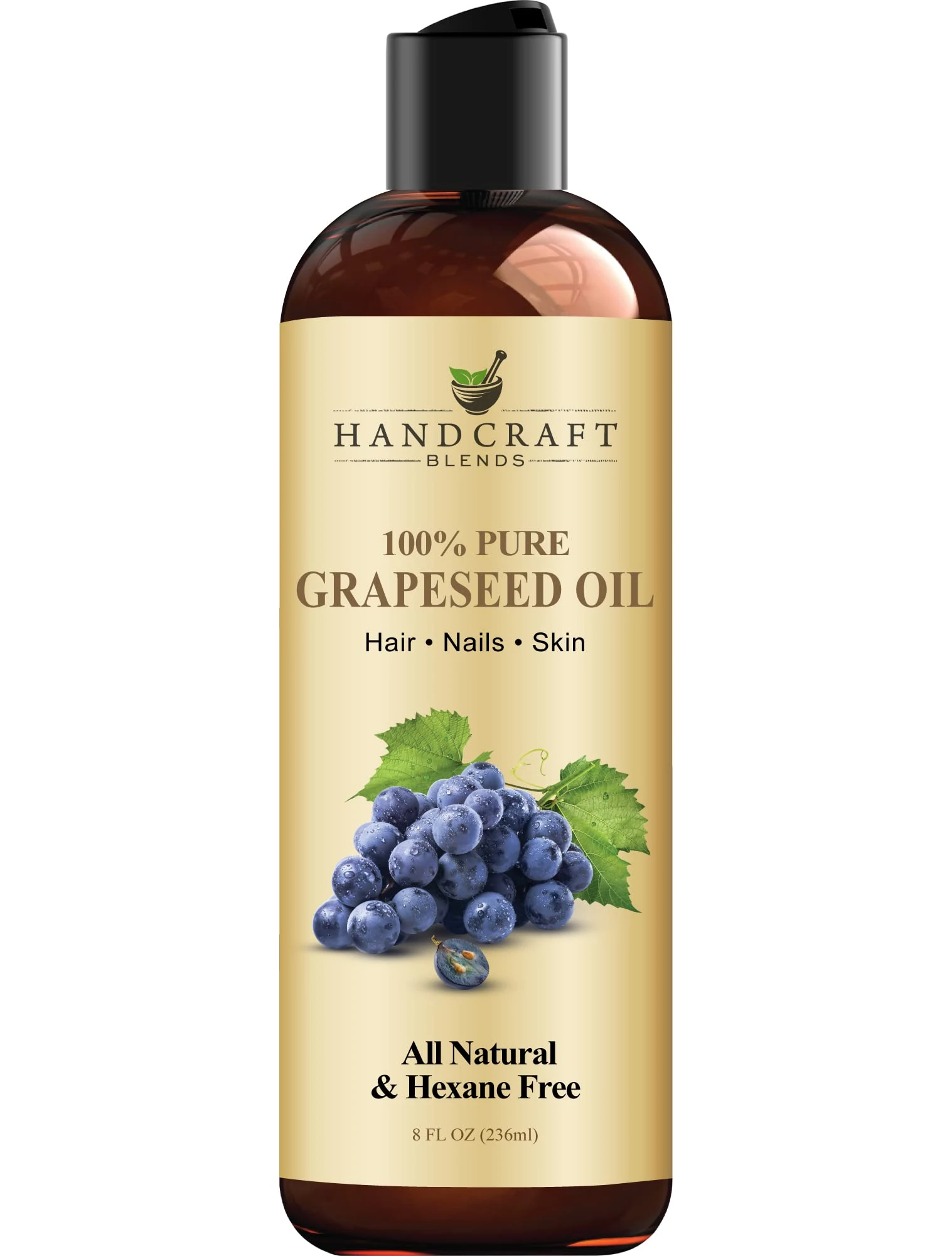 Handcraft Blends Grapeseed Oil - Cold-Pressed 236 ml - 100% Pure and Natural - Premium Grade Carrier Oil for Skin and Hair - Hair and Body - Massage - Hexane-Free