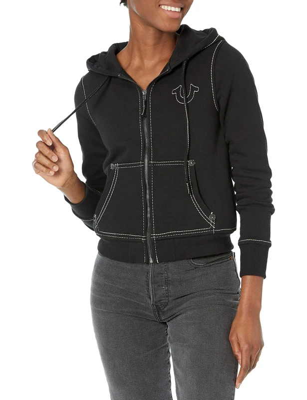 True Religion Women's Big T Classic Zip Hoodie, Jet Black, XXL