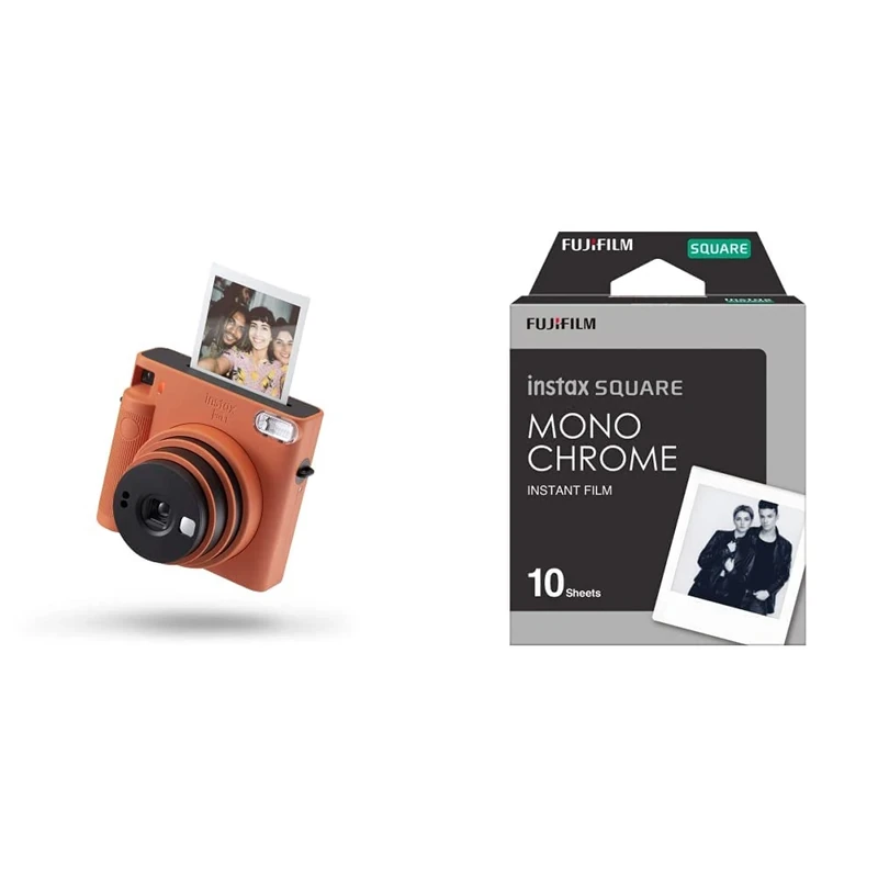 instax SQUARE SQ1 Instant Camera, Terracotta Orange & 16671332 SQUARE Monochrome film, 10 shot pack