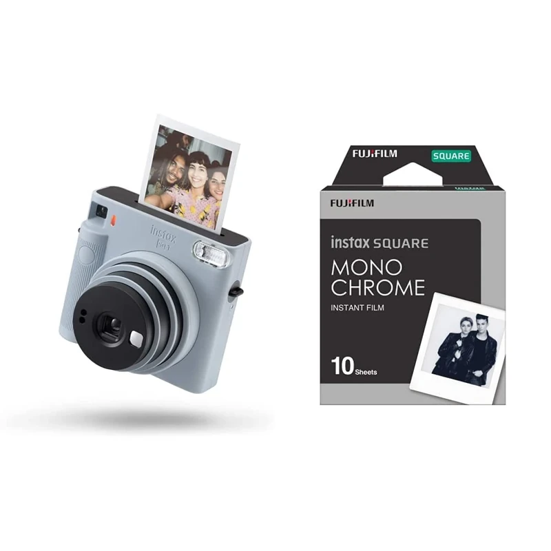 instax SQUARE SQ1 instant camera, Glacier Blue & 16671332 SQUARE Monochrome film, 10 shot pack