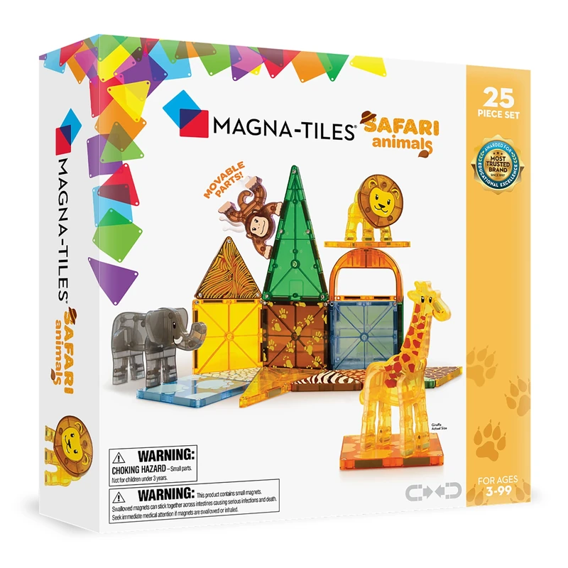 Magna-Tiles Safari Animals 25-Piece Set - 3D magnetic building tiles, Clear Colors