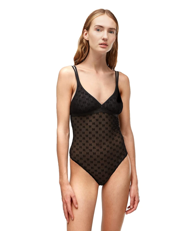 KARL LAGERFELD Women's KL Monogram Bodysuit, Black, X-Small