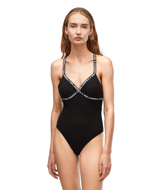 KARL LAGERFELD Women's Logo V-Neck Bodysuit, Black, Small - Image 1