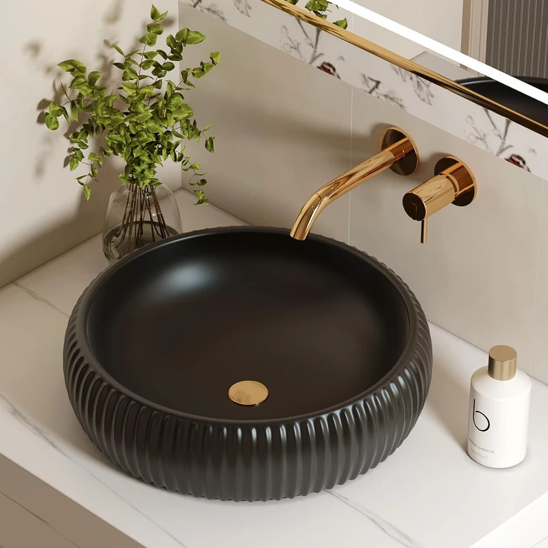 ELLAI 16.5''x5'' Round Vessel Sink Matte Black Bathroom Sink Above Counter Bowl Sink Porcelain Ceramic Vanity Art Basin - Image 1