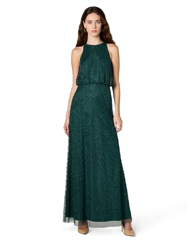 Adrianna Papell Women's Halter Art Deco Beaded Blouson Dress Special Occasion, Dusty Emerald, 14