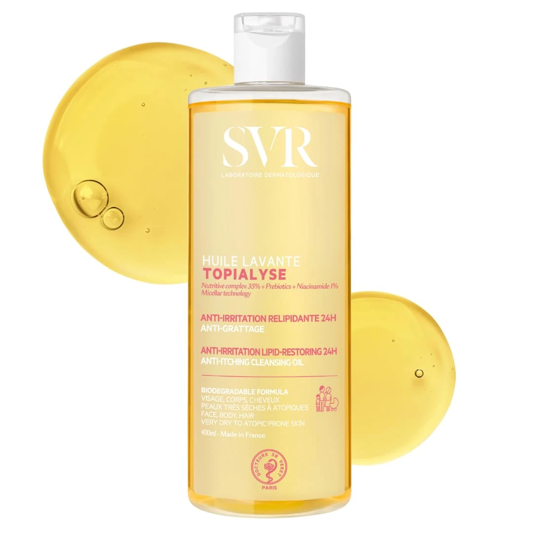 SVR TOPIALYSE All Over Micellar Shower Oil, Moisturising Eczema Body Wash, 24hr Hydration Emulsifying Soothing Bath Oil for Very Dry, Sensitive Skin, from Newborn and Up (400ml, Bottle)