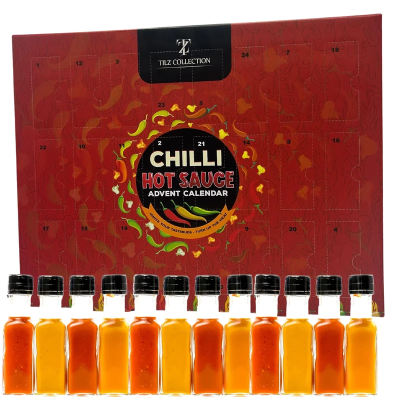 24 days Chilli Advent calendar 2025 - Hot Sauce Advent Calendar in Mini Bottles - Christmas Food Advent Calendar 2025 Men Women Vegetarian - Gift Idea for Christmas Chilli Lover Gifts