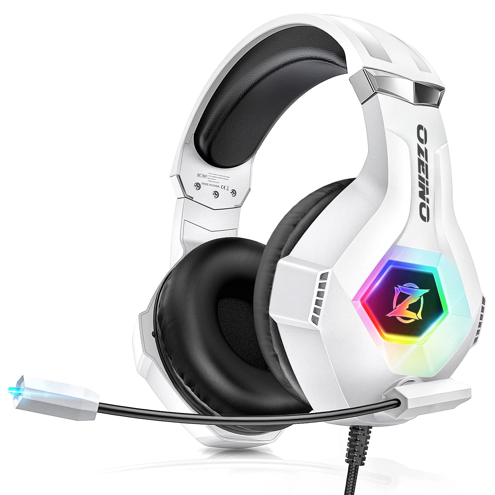Gaming Headset for PS5 PS4 PC, Over-Ear Headphones with Surround Sound & RGB Light for Xbox one Xbox 360 Switch Mac Laptop (white)