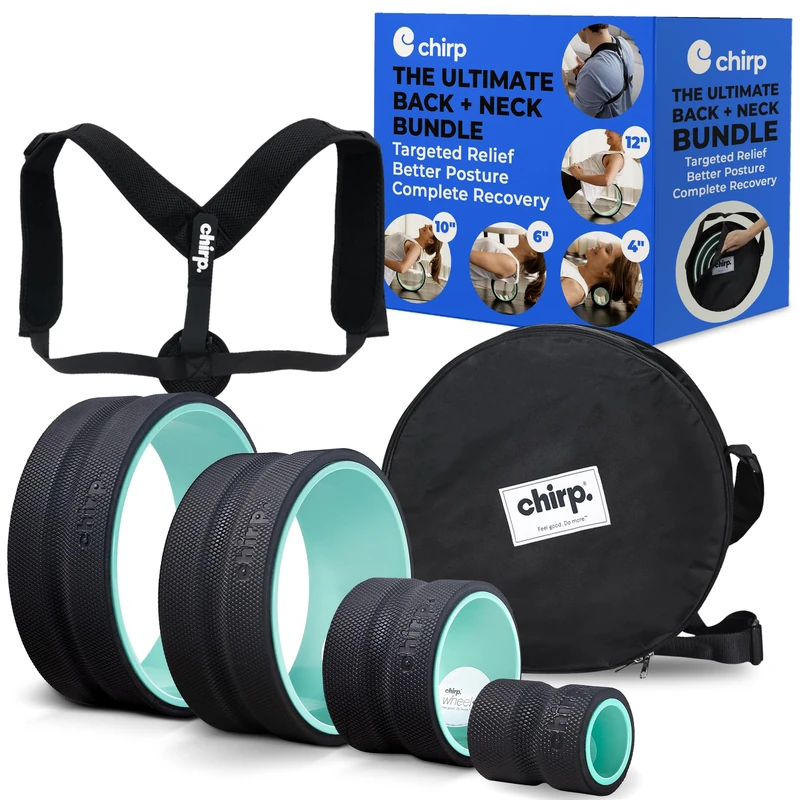 Ultimate Back + Neck Bundle, 4-Pack Chirp Wheel, Carrying Case, and Upper Back Posture Corrector, Includes Focus, Deep Tissue, Firm, and Gentle Wheel Roller, Holds Up to 500 lbs.