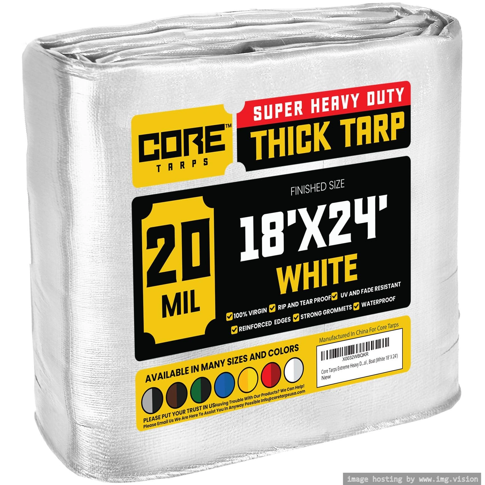 Core Tarp - Tarpaulin Waterproof Heavy Duty(305 g/m²|18′ X 24′ | 5.5m X 7.3m|White-20 Mil) UV Resistant, Tear Proof, Protective Poly Tarpaulin with Reinforced Edges for Multi-purpose usage