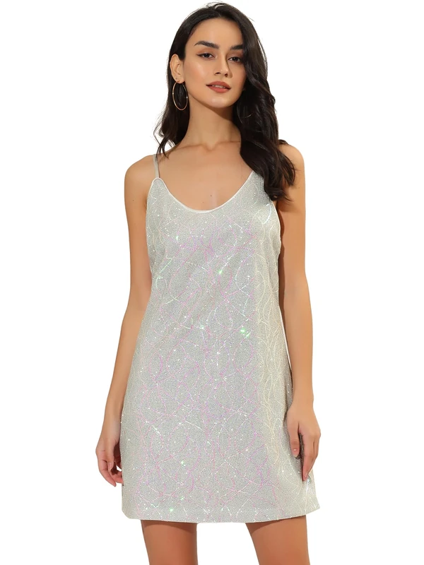 Allegra K Women's Halloween Glitter Sequin V Neck Spaghetti Strap Mini Party Dress Clubwear, White (with Pinks), Medium