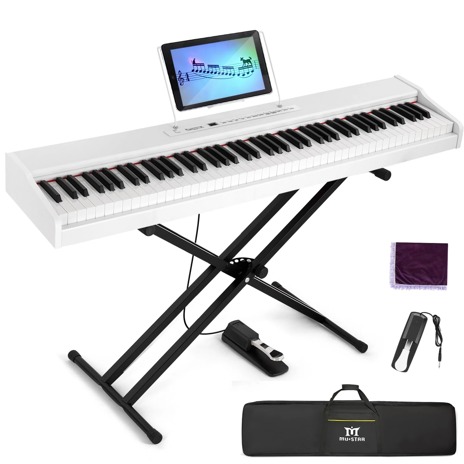 MUSTAR Digital Piano 88 Weighted Keys with Stand, Full Size 88 Key Piano Keyboard Semi Weighted for Beginners, Portable Electric Piano Keyboard, Wireless Connection, Case, Sustain Pedal, White